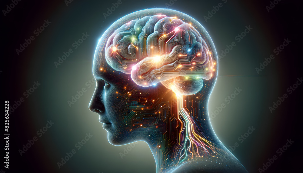 Poster a detailed and realistic side profile of a human brain with neural connections vividly highlighted. 