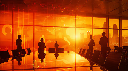 Silhouettes of business people in an office meeting room with charts and graphs on the walls, double exposure with cityscape at sunset, orange color palette, high resolution, hyper realistic photograp