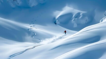 A lone figure skiing down a powdery slope, leaving a trail of fresh tracks in the pristine snow against a backdrop of majestic snow-capped mountains.