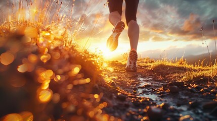 Fitness workout outdoors, runner sprinting on a trail, vibrant sunrise, energetic and powerful atmosphere, highdefinition athletic photography, Close up