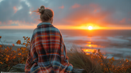 Autumn: A woman wrapped in a plaid blanket, sitting on a driftwood log, watching the sunset.