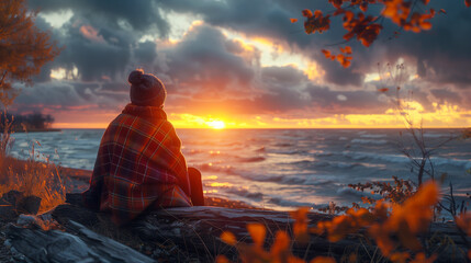 Autumn: A woman wrapped in a plaid blanket, sitting on a driftwood log, watching the sunset.