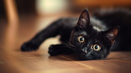 Health and midicine icons on Blurred closeup portrait of a charming young domestic Black cat playing on the floor, playfully looks. Pets Health care concept with Free space fot text