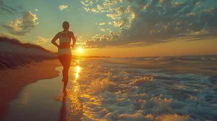 Summer: A woman jogging along the beach in athletic wear at sunrise