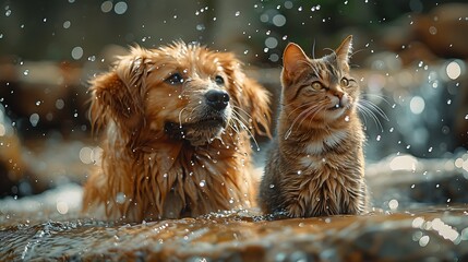 A close-up of a wet dog shaking off water next to a cat perched on a rock, both enjoying a seaside adventure