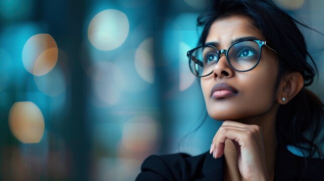 A Thoughtful Indian Businesswoman Contemplates A Problem Solution, Highlighting Critical Thinking And Strategic Planning, High Quality