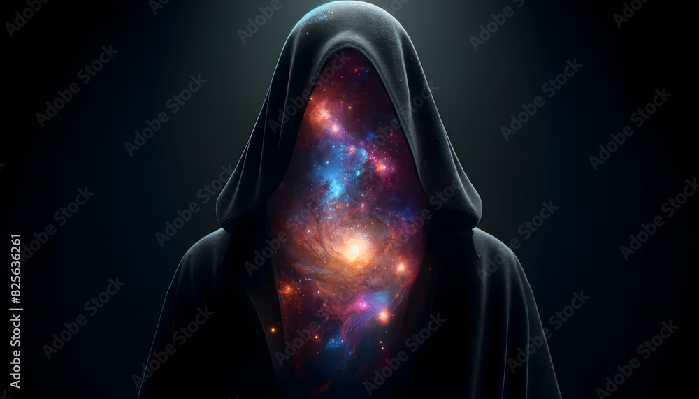 Poster mystical hooded cloak with a galaxy inside. the dark, flowing cloak casts a shadow over the empty sp
