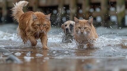A cat walking along the edge of a tide pool while a dog splashes in the shallow water nearby