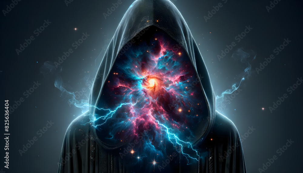 Poster mystical hooded cloak with a galaxy inside. the dark, flowing cloak casts a shadow over the empty sp