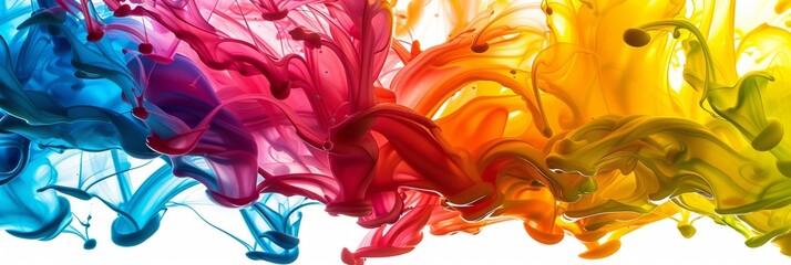 Color liquid ink splash abstract background rainbow art. Rainbow splash collage mix flow drip. Fluid wave color yellow, red, green, blue. Liquid ink palette motion