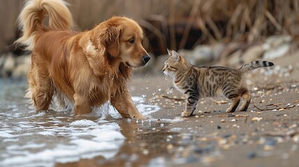 A dog paddling in the shallow water while a cat walks along the shoreline