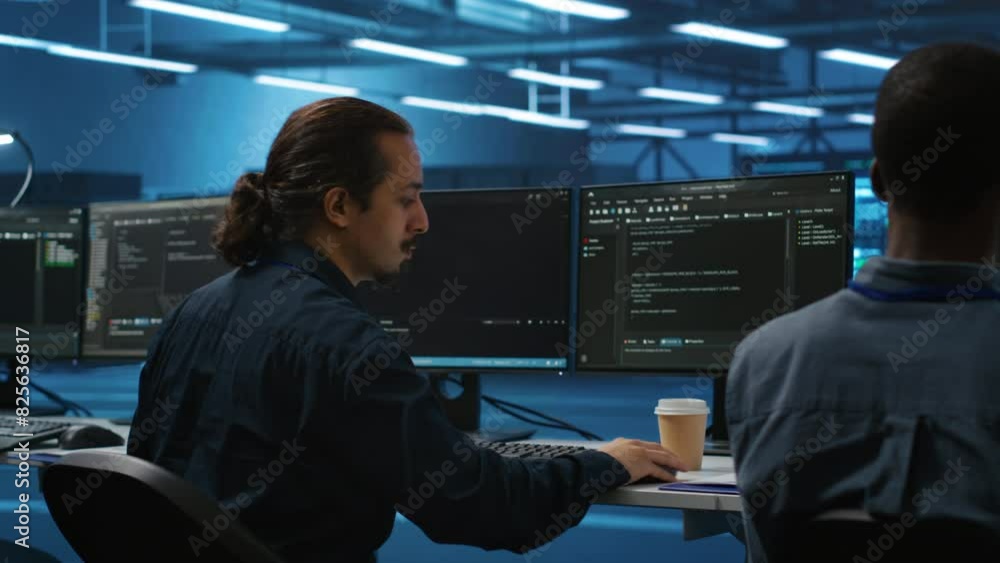 Poster manager overseeing server room and drinking coffee while running code on pc, troubleshooting hardwar