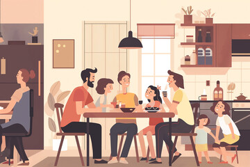 4. Illustrate a cozy scene of a family gathered around a table for dinner, with parents of different gender identities and their children sharing a meal in a warm, inviting home.
