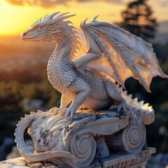 Majestic white dragon statue at sunset, capturing the essence of fantasy with detailed scales and majestic wings.
