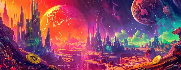 A futuristic city on an alien planet with gold coins and bitcoin scattered around, in the style of digital art, vibrant colors.