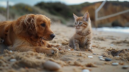 A dog and cat playing together near a beach volleyball net