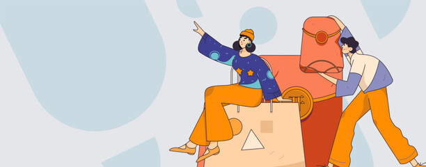 Holiday shopping people doing e-commerce online shopping flat vector concept operation hand drawn illustration
