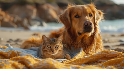 A dog standing on a beach towel with a cat hiding underneath it