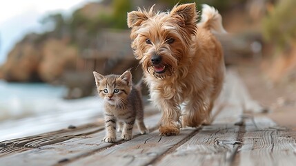 A dog and cat walking together along a beach boardwalk