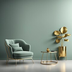 Grey Green Living Room for Lounge Area with Accent Gold Table, Decor, and Empty Wall Background, Modern Interior Design for Home or Hotel, 3D Rendering

