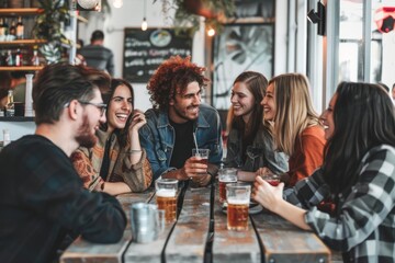 Group of young people having fun in a pub, drinking beer and talking.