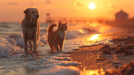 A dog and cat walking together along the edge of the surf at dawn