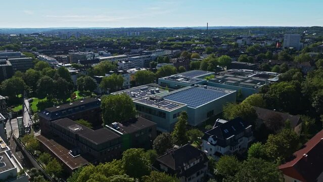 Aerial drone view of Museum Folkwang in Essen, Germany. Museum Folkwang is a major collection of 19th- and 20th-century art. 