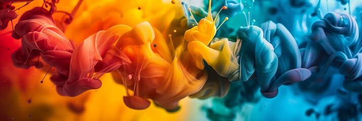 Color liquid ink splash abstract background rainbow art. Rainbow splash collage mix flow drip. Fluid wave color yellow, red, green, blue. Liquid ink palette motion