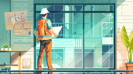 Architect in uniform flat design side view site inspection theme cartoon drawing Tetradic color scheme