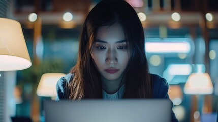 Admire The Focus Of An Asian Chinese Female Manager As She Works Diligently Using Her Laptop In The Office, Her Dedication To Her Responsibilities Unwavering, High Quality