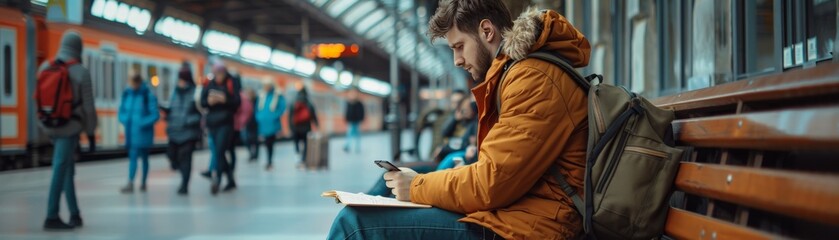 Young man in a brown jacket sitting on a bench at a busy train station, using his phone while waiting for a train.