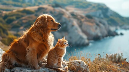 A dog and cat sitting together on a rock overlooking the ocean - Powered by Adobe
