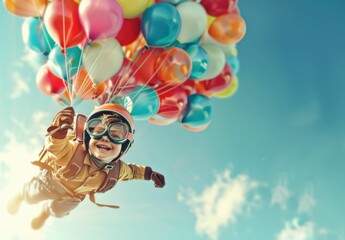 Boy flying through the air with a bunch of balloons on his back in a whimsical journey of adventure and imagination