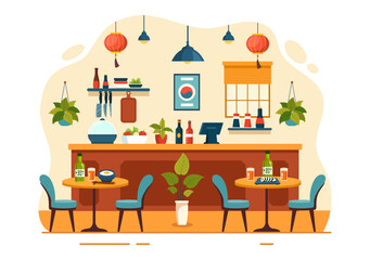 Korean Food Vector Illustration featuring a Set Menu of Various Traditional and Delicious National Dishes in a Flat Cartoon Style Background
