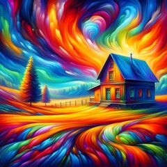 A painting of a house in a field with a rainbow swirl.