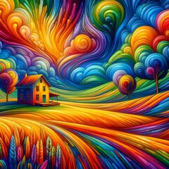 A painting of a delightful house nestled in a field beneath a swirling rainbow.