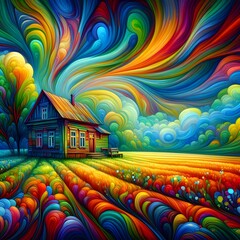 A painting of a cozy house nestled in a picturesque field beneath a swirling rainbow.