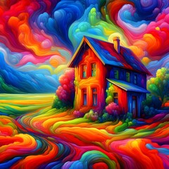 A painting of a beautiful house standing gracefully in a vast field, accompanied by a swirling rainbow overhead.