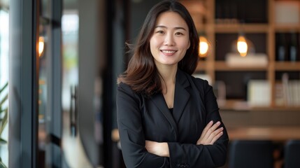 Obraz premium A Beautiful Smiling Asian Businesswoman Stands With Arms Crossed In The Office, Radiating Confidence And Competence, High Quality