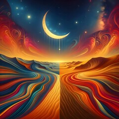 A painting of a desert landscape with a crescent and stars.
