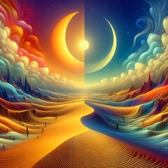 A desert landscape painting with a crescent moon and stars.