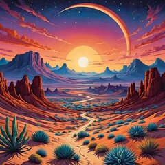 A painting of a desert scene with a rainbow colored sky.