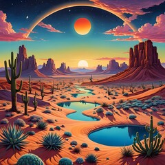A painting of a desert scene with a pond and cactus trees.