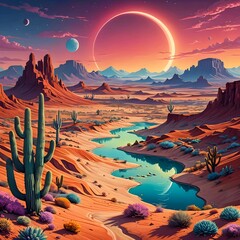 A painting of a desert landscape with a river and cactus trees.