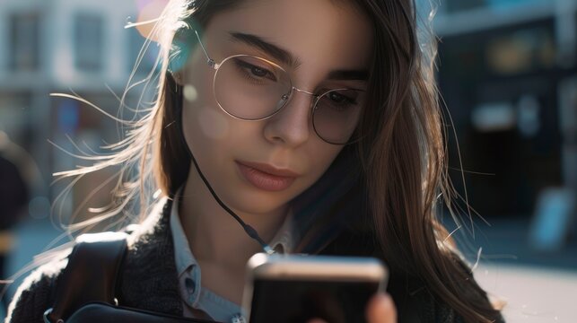 A Beautiful Young Businesswoman Uses A Smartphone, Illustrating Connectivity And Adaptability, High Quality