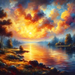 A painting of a sunset reflecting over a lake with a landscape mirrored in the water.