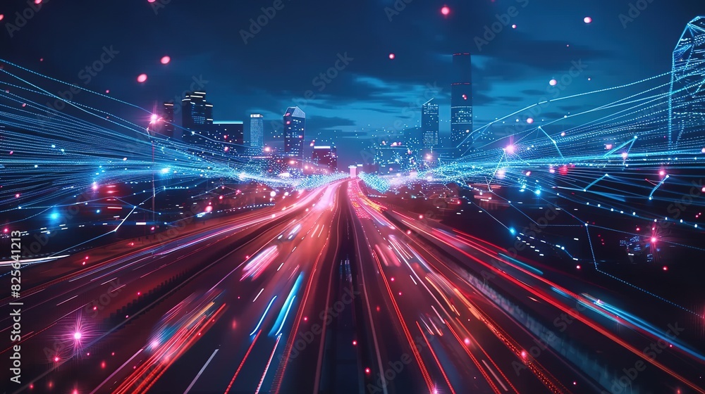 Poster smart city and abstract polygon pattern connection with speed line light, big data connection techno