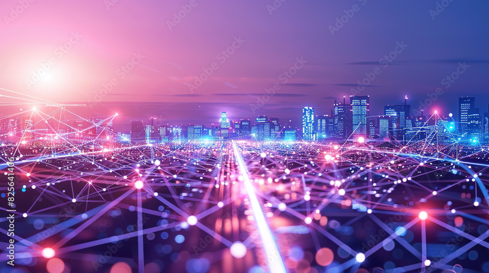 Poster smart city and abstract polygon pattern connection with speed line light, big data connection techno