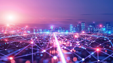 Smart city and abstract polygon pattern connection with speed line light, big data connection technology concept