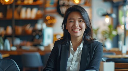 Fototapeta premium A Cheerful Malaysian Businesswoman Enjoys A Moment In A Cafe, Balancing Work With Relaxation, High Quality